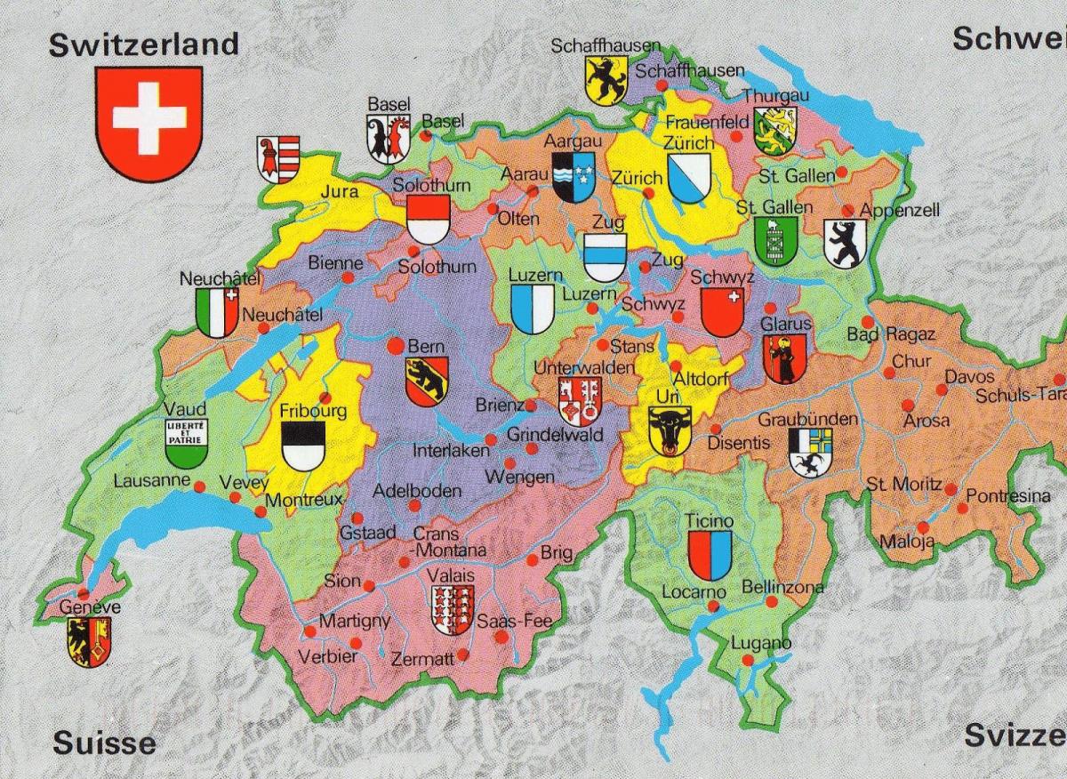 מפה של שוויץ עם אטרקציות תיירותיות