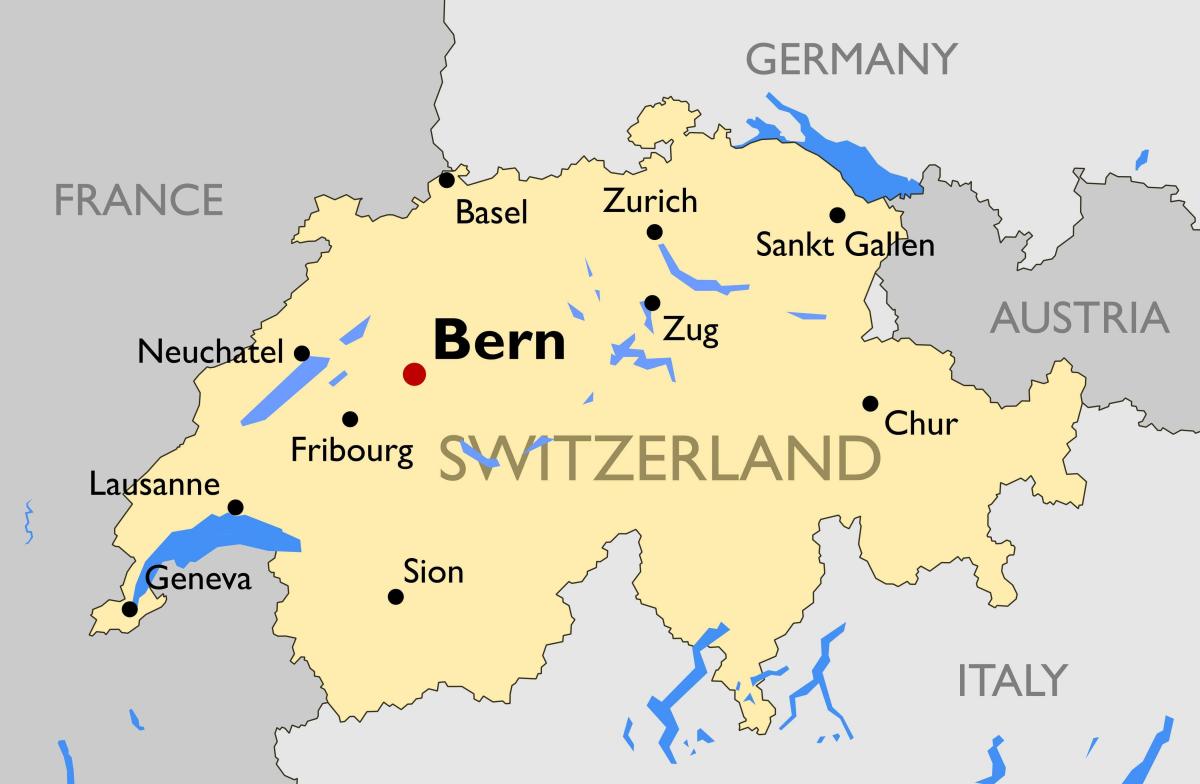 מפה של שוויץ עם ערים גדולות.